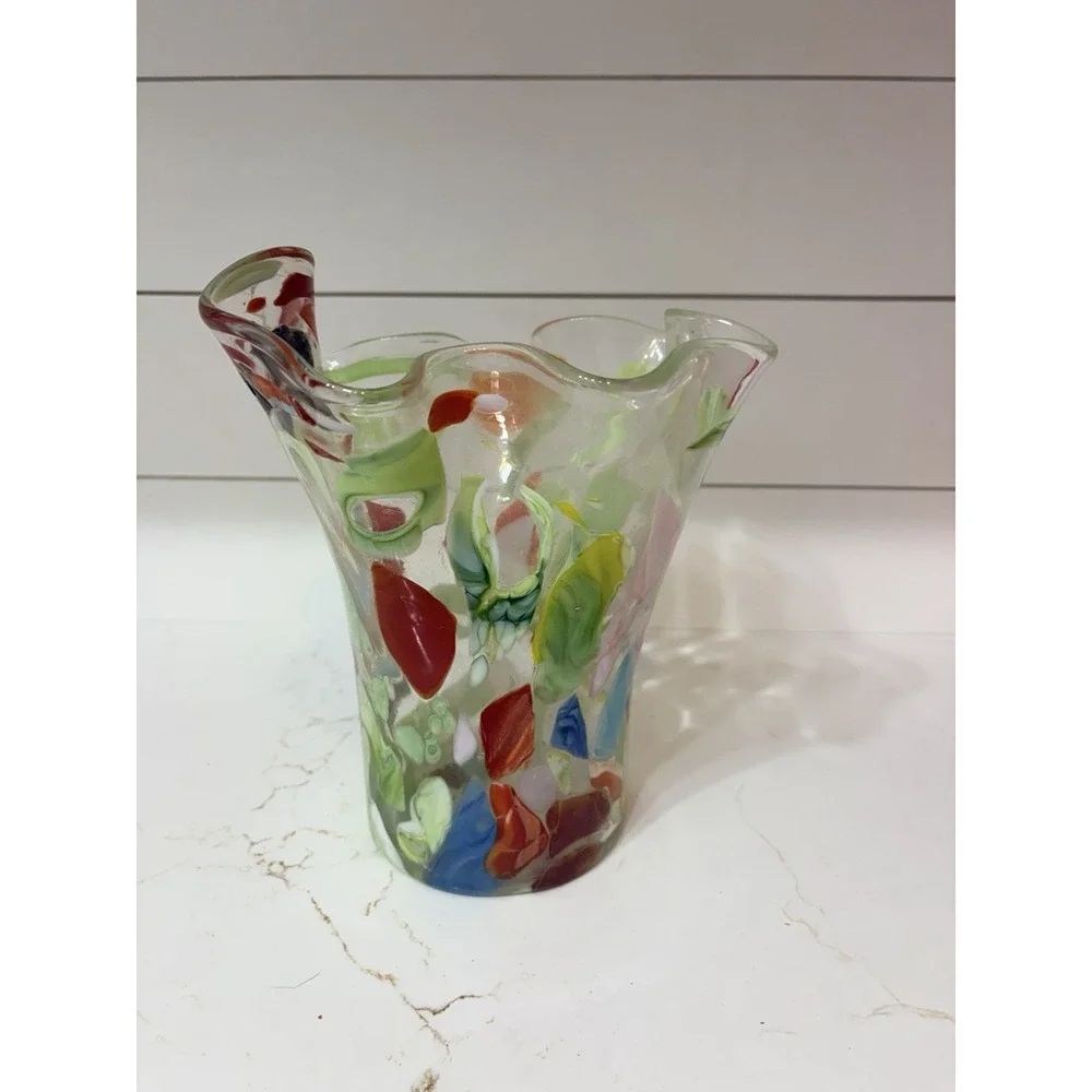 Vintage Multicolor White Swirl Ribbon Ruffle Edged Art Deco Glass Vase